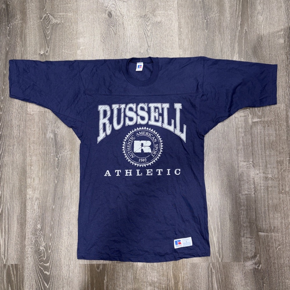 VTG Russell Athletic T Shirt 80s Gusset Navy Blue Graphic Tee Mens L Made USA